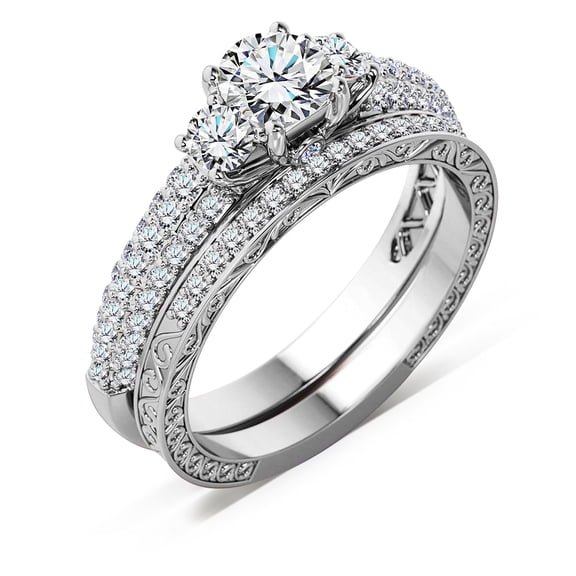 JeenMata 1 Carat Round Brilliant Cut Lab Grown Three Stones Diamond - Vintage Design Wedding Ring Set in 18K White Gold Plating for Women