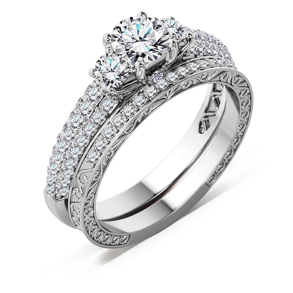 JeenMata Diamant de Laboratoire Taille Ronde Brillant de 1 Carat à Trois Pierres - Ensemble d'Alliances au Design Vintage en Placage Or Blanc 18K pour Femmes