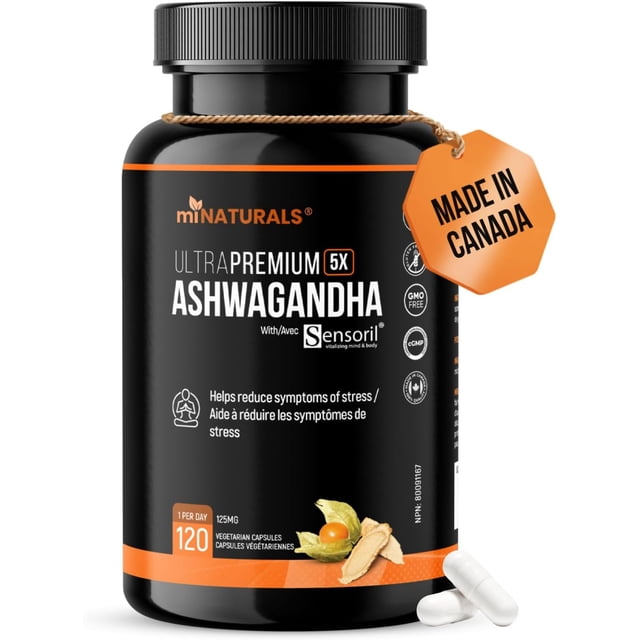 Suppléments Anti-Stress à l'Ashwagandha par miNATURALS, Mettant en Vedette de l'Ultrapremmium 5X l'Ashwagandha avec Sensoril, Présentés dans une Bouteille Noire avec accents orange. l'Étiquette Met en Valeur des Bienfaits Tels Que Réduire les Symptômes de Stress et Abaisser les Niveaux de cortisol. la Bouteille Contient 120 capsules Végétariennes, Offrant Chacune 125 mg de Sensoril, un Extrait d'Ashwagandha Breveté. le