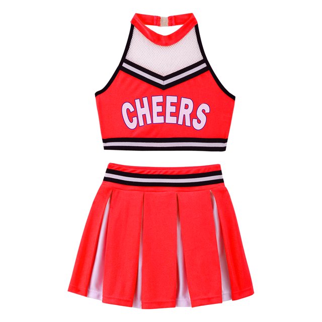 Xnihocha Girls Classic Cheerleading Team Uniform Mesh Splice Crop Top with Pleated Boxer Skirts Rooter Stage Suit Red 16