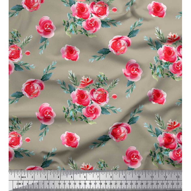 Soimoi Tissu en Voile de Coton Vert Feuilles & Roses Imprimé Floral au Mètre 56 Pouces de Large