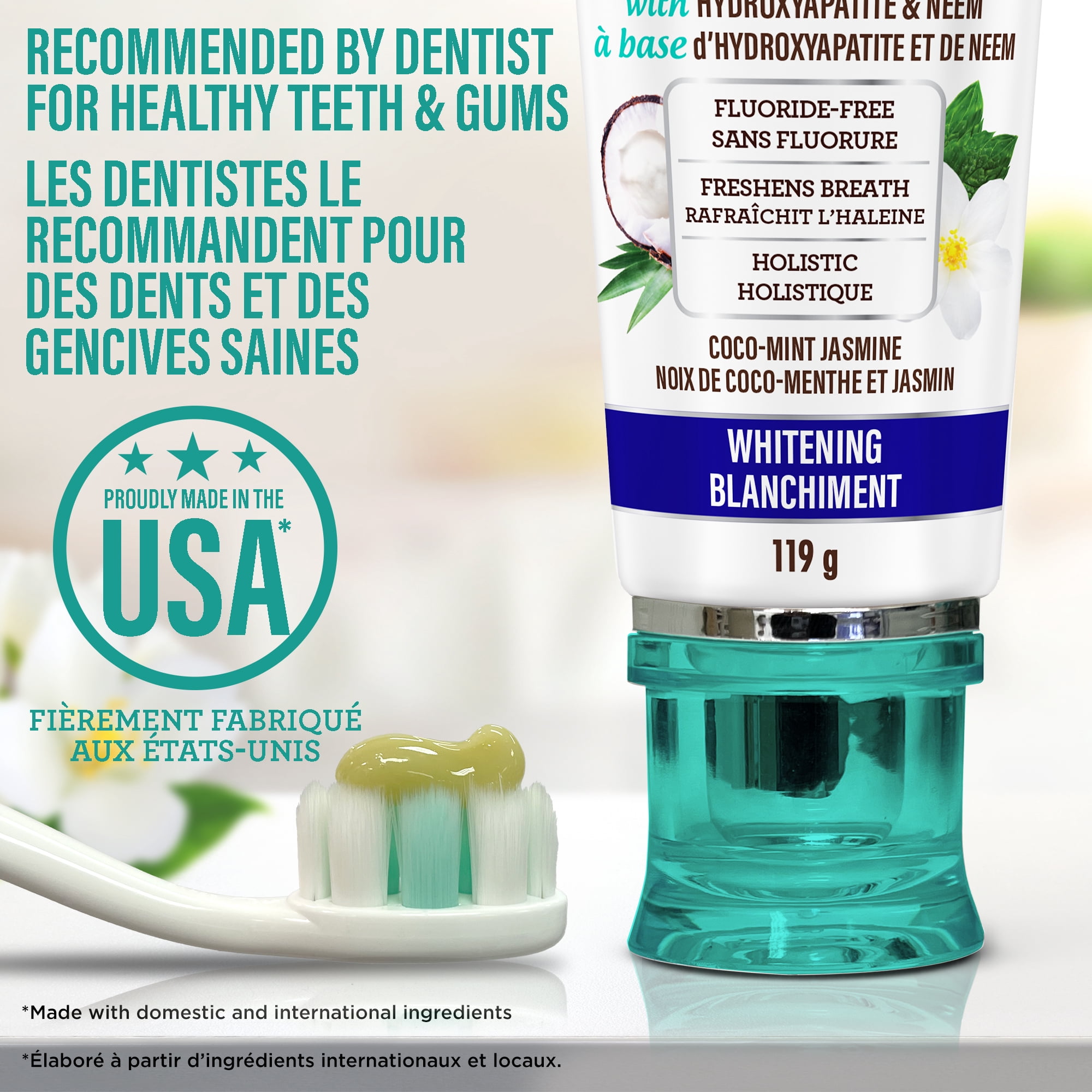 GuruNanda Dentifrice Blanchissant avec Neem & Hydroxyapatite, Noix de Coco-Menthe et Jasmin, Sans Fluorure, 119g