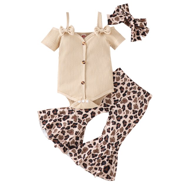 Faithtur 3Pcs Baby Girl Spring Outfits, Short Sleeve Cold Shoulder Romper + Flare Pants + Headband Set
