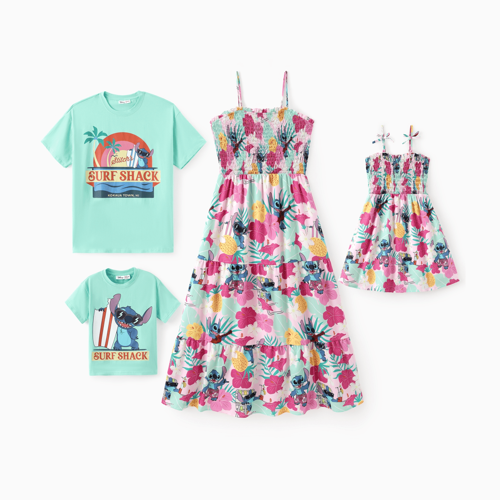 Disney Stitch Family Matching Summer Vacation Floral Plant Print Tee/Ruffle-sleeve Dress Outfit Set