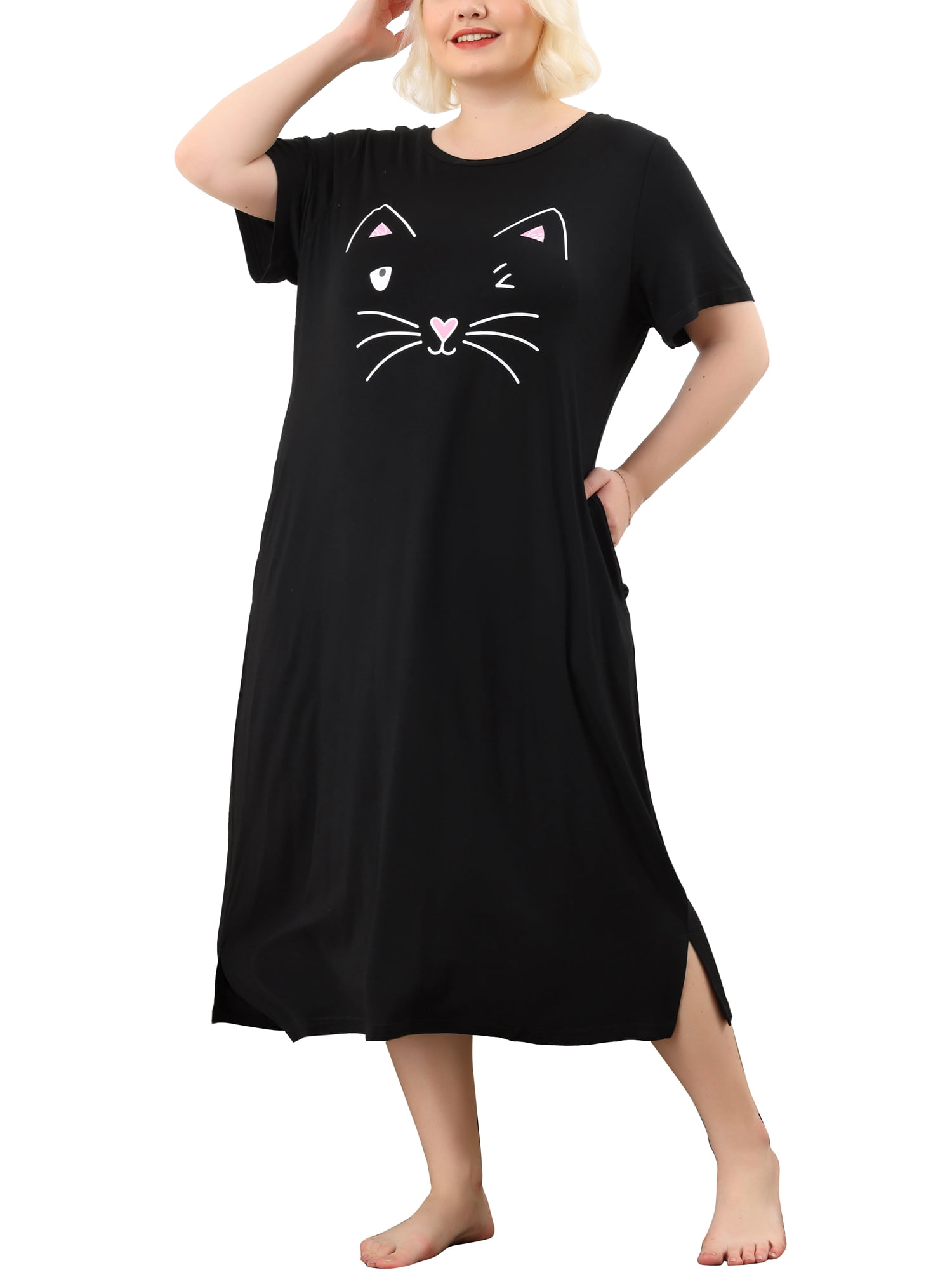 Agnes Orinda Nuisettes pour Femmes Grande Taille Col Rond Manches Courtes Pyjama à Imprimé Chats avec Poche 4X Noir
