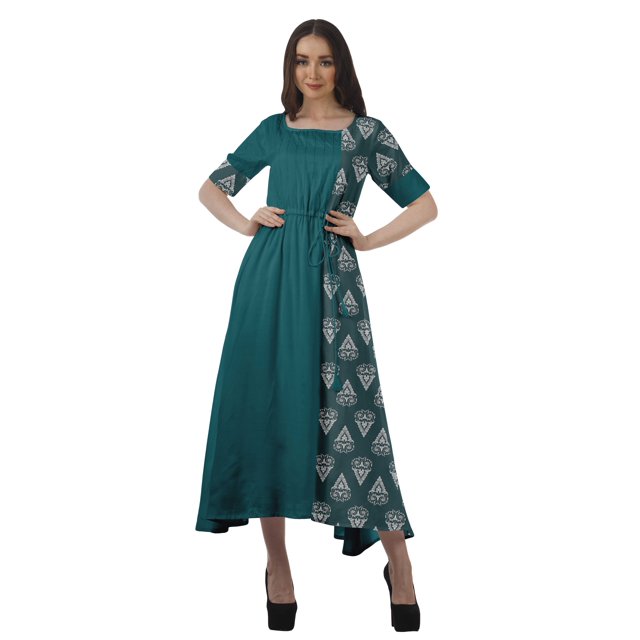 Moomaya Robe Midi en Viscose à Manches Courtes Imprimée Style Santoon à Taille à Cordon pour Femmes