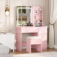 thumbnail image 2 of Coiffeuse avec Miroir et Lumière DEL, Coiffeuse avec 4 Tiroirs, Prise de Courant, Tabouret de Rangement, Étagères de Rangement et Support pour Séchoir à Cheveux, 3 Modes d'Éclairage Réglables, Ensemble de Coiffeuse pour Chambre, 2 of 6