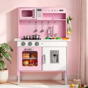 VEVOR Jouer cuisine pour enfants, en bois, jeu de cuisine pour les enfants avec de vraies lumières & Sons, nourriture & Cuisinière, Jeu de Jouets Pretend, Micro-ondes, Four, Cliquer sur les boutons, pour les tout-petits, les filles & Garçons âgés de 3 à 8 ans, rose