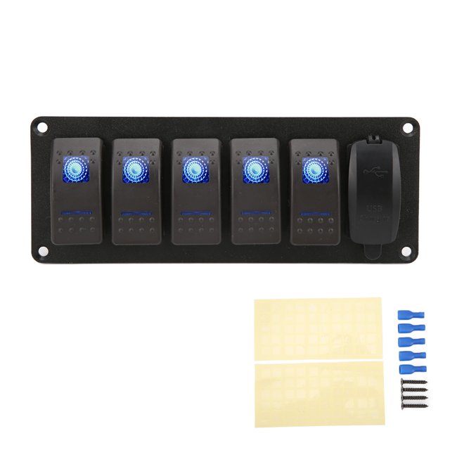 12V‑24V 5 Gang Rocker Switch Panel with Dual USB 5V3.4A Blue Backlight LED for Marine Boat Car Truck