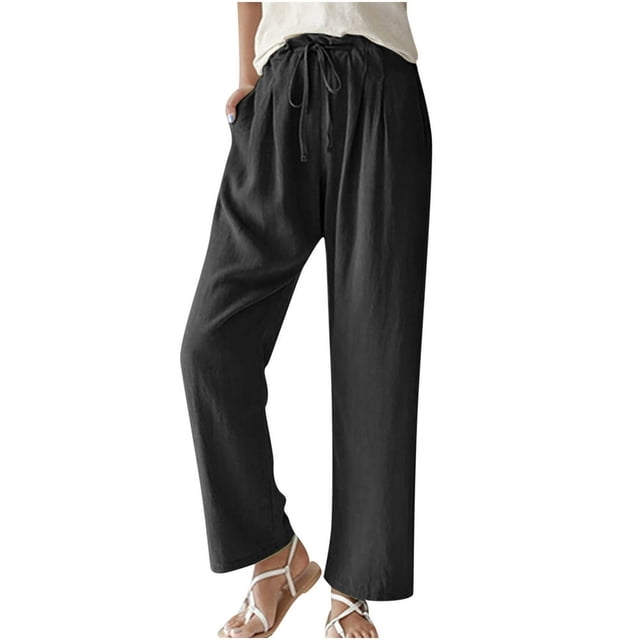 Womens Casual Linen Pants Straight Leg Drawstring Elastic High Waist Loose Comfy Trousers with Pockets