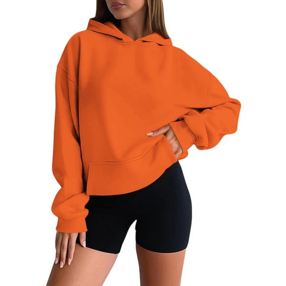 Ladies Hoodies Fall Solid Oversize Hoodie Basic Pullover Sweatshirt Long Sleeve Drop Shoulder Design Womens Sweaters Orange XS