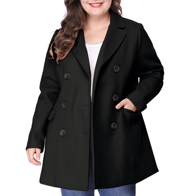 GRACE & GRANDEUR Women's Plus Peacoat Notched Lapel Double Breasted Mid Length Overcoat in solid black. This double-breasted coat features six statement buttons, a notched lapel, long sleeves, and two front flap pockets. Made from 100% polyester, it offers a regular fit and mid-length design, suitable for casual or polished looks. The model is wearing size 1X and is 5'7" tall with a chest measurement of 41 inches.