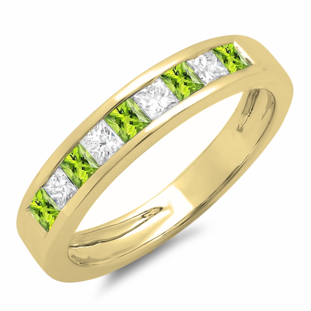 10K Gold Princess Cut peridot & White Diamond Ladies Anniversary Wedding Band Stackable Ring