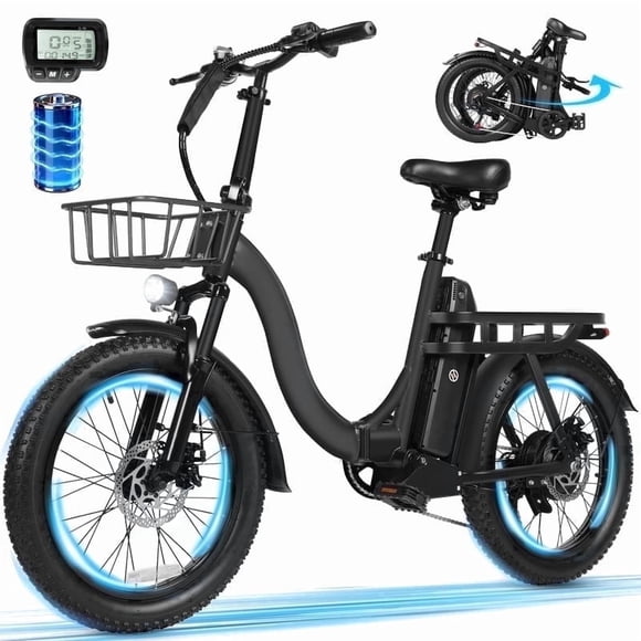 ESKUTE D200 Vélo Électrique pour Adultes Moteur de Pointe 750W 20 Mi/h, Vélo Électrique à Pneus Larges Pliant, 48V 10.4Ah jusqu'à 55 Mi, Vélo Cargo Électrique à Enjambement Bas 7 Vitesses, Déverrouillage NFC, Noir avec Panier avant, UL2849