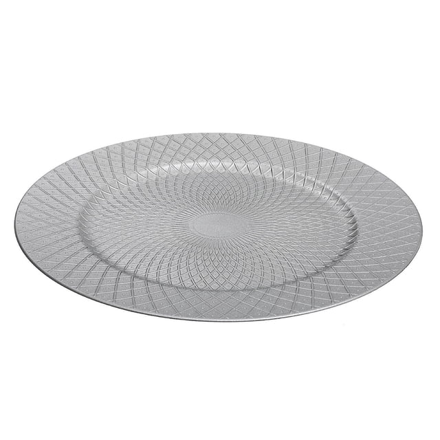 Charger Plate (Dotted Diamond) (Silver) (13") - Set of 6, a durable melamine plate with a raised center and textured dotted diamond pattern in silver, ideal for dining table décor and keeping food hot beneath dinner plates.