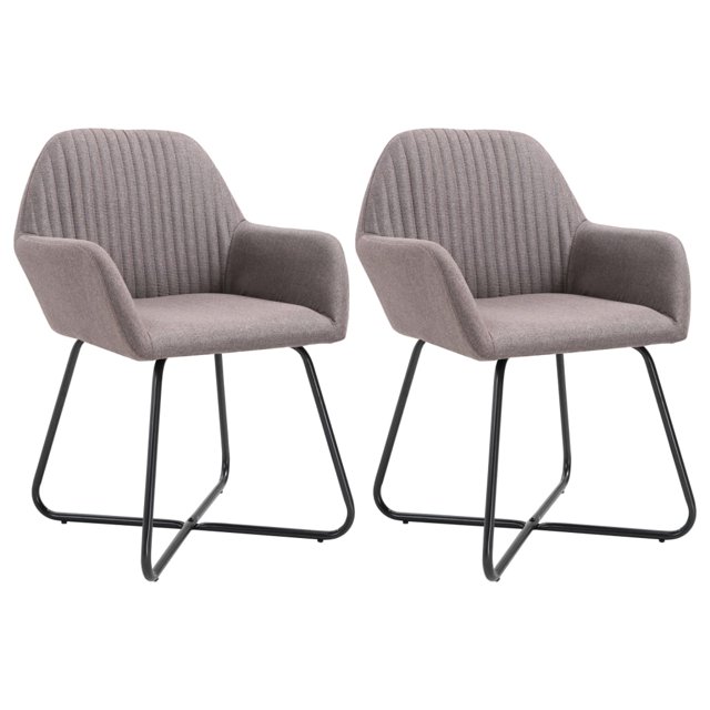 vidaXL Dining Chairs 2 pcs Taupe Fabric featuring a set of two modern dining chairs with taupe polyester fabric upholstery and powder-coated steel legs. Each chair includes a soft seat, armrests, and a ribbed backrest for optimal comfort. Dimensions are 61 x 61 x 84 cm (W x D x H) with a seat height of 48.5 cm. Suitable for dining or living room use.