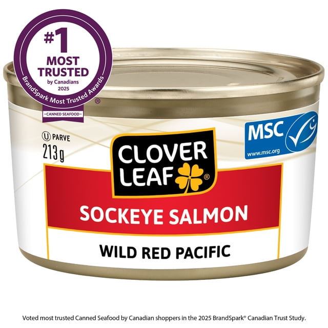 Clover LEAF® Sockeye Salmon canned seafood in a 213g metal can with a red and white label featuring the brand logo, MSC sustainable seafood certification, and a #1 Most Trusted by Canadians 2025 award badge, containing wild red Pacific salmon.