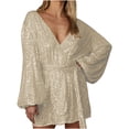 thumbnail image 1 of Ltctricy Robe à Paillettes pour Femmes, Manches Longues Lanterne, Décolleté en V Profond Croisé, Portefeuille, Ceinturée, Mini-Robe Scintillante à Paillettes, Robe de Boîte de Nuit et de Fête (Beige, XX-Grand), 1 of 6