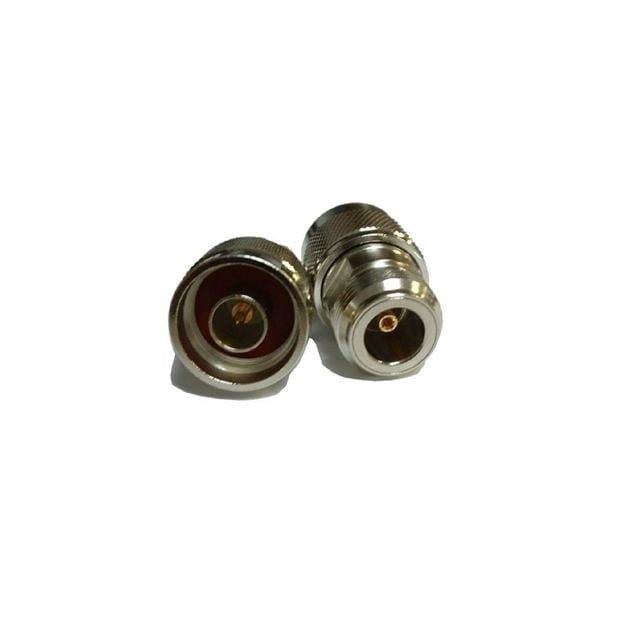 BY-N Male to N Female adapter with silver metal body and knurled grip, featuring gold-plated center pins, precision manufactured for low loss and compatible with most Wi-Fi antennas, ideal for home networking and personal use.