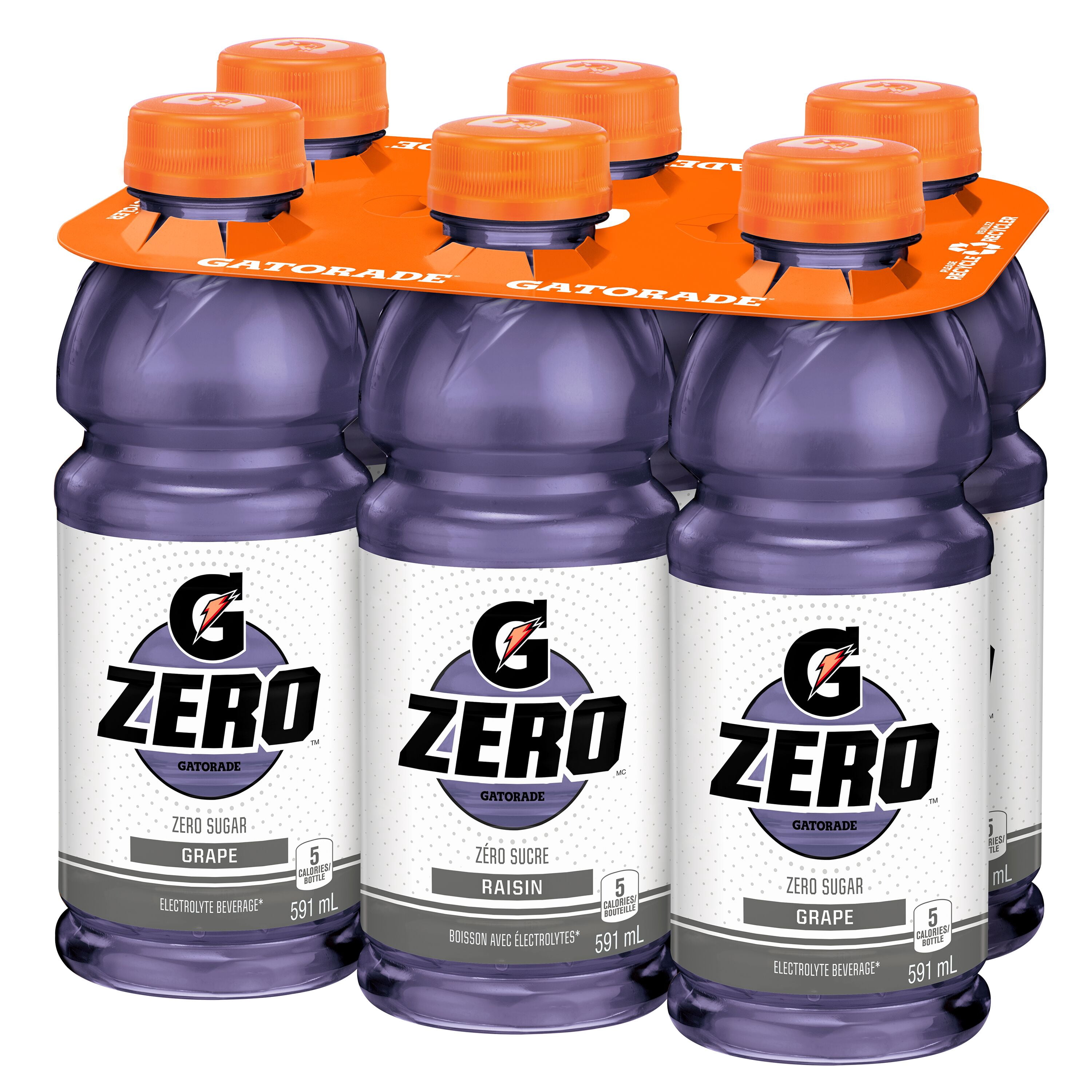Gatorade Zéro Sucre Raisin Boisson Électrolytique 6 x 591 mL, Bouteilles