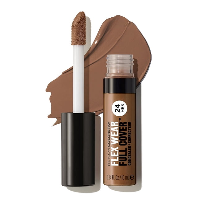 Revlon ColorStay Flex Wear Cache-Cernes Couvrance TotaleTM en Brun Moyen avec Capuchon Noir Ouvert et Applicateur Pied-de-Biche, Présenté avec une Nuance Crémeuse sur Fond Blanc, Offrant une Tenue de 24 Heures, Ne s'Affiche Pas, Formule Hydratante pour une Couvrance Totale et une Dissimulation des imperfections.