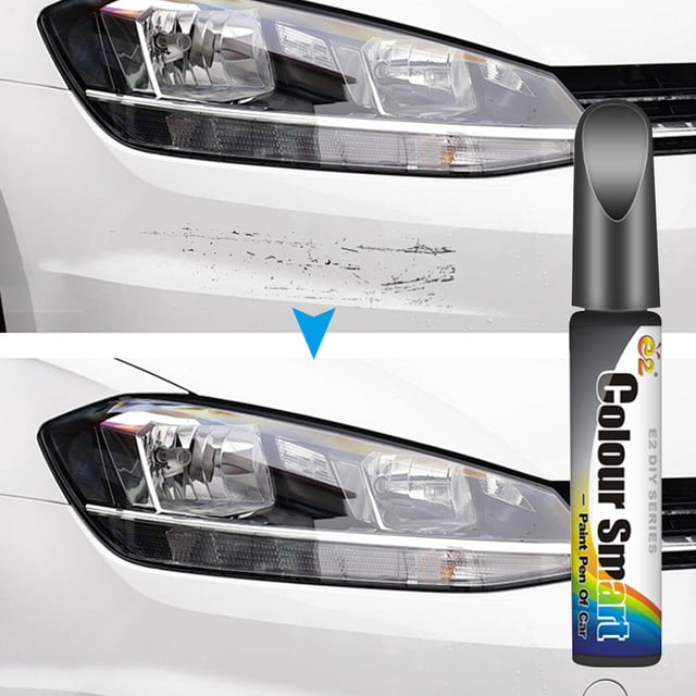Aodebiao Car Paint Touch Up Pen in grey, designed for professional automotive paint scratch repair. The image shows a before-and-after comparison of a car's front bumper with visible scratches, which are seamlessly repaired using the touch-up pen. The pen is quick-drying, easy to use, and safe, making it ideal for minor scratches and swirls. The compact 12ml pen is shown alongside the repaired car surface.
