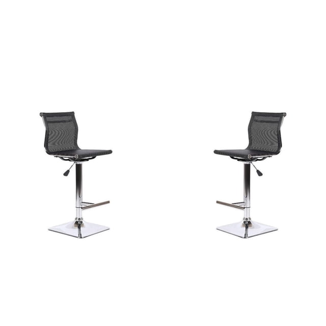 Heavenly Collection Mesh Adjustable Stool with black 100% polyester mesh ergonomic seat and backrest, mounted on a chrome stainless steel pedestal base with square footrest and adjustable height lever. It swivels 360°, suitable for kitchen and dining seating or bar areas.