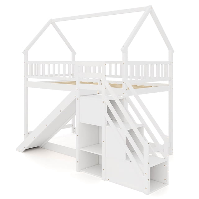 Costway Simple sur Simple Bunk Bed avec Glissade et Escalier avec Compartiments de Rangement en Blanc. Ce Lit Mezzanine en Forme de Maison Présente un Cadre Décoratif pour Accrocher des Lumières Ou des Bannières, une Glissade pour le Plaisir, et un Escalier avec Trois Compartiments et Deux Étagères Ouvertes pour le Rangement. la Couchette Supérieure Comprend une Garde-Corps Pleine Longueur pour la Sécurité et Est Soutenue par 14 Lattes en Bois et un Cadre en Bois Massif. l'Espace sous le Lit Peut Être Utilisé pour le Rangement Ou comme Aire de Jeu. Dimensions : 103,5 Pouces de long,