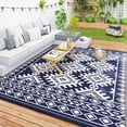 thumbnail image 1 of Outdoor Patio Rug, Large Camping Carpet with Carrying Bag, 9' x 12' Waterproof Plastic Straw, Reversible, Blue & White Rhombus Border, 1 of 5