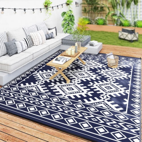 Outdoor Patio Rug, Large Camping Carpet with Carrying Bag, 9' x 12' Waterproof Plastic Straw, Reversible, Blue & White Rhombus Border