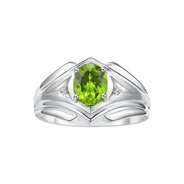 RYLOS Men's Rings 14K White Gold Rings Classic Designer Style 9X7MM Oval Gemstone & Diamond Ring Peridot August Birthstone Rings For Men Size 10