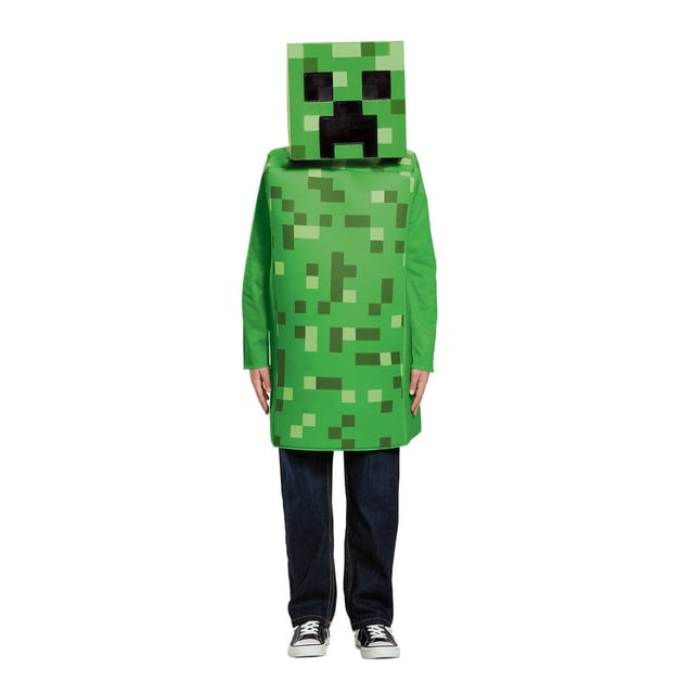 Déguisement Minecraft Creeper Classic Costume pour Enfant Taille Petite Montrant un Enfant Orienté vers l'Avant Portant un Haut Vert Pixélisé 3D et un Demi-Masque Creeper, Assorti à des jeans Foncés et des Espadrilles Noires, Idéal pour les Costumes d'Halloween et les Déguisements d'Enfants.