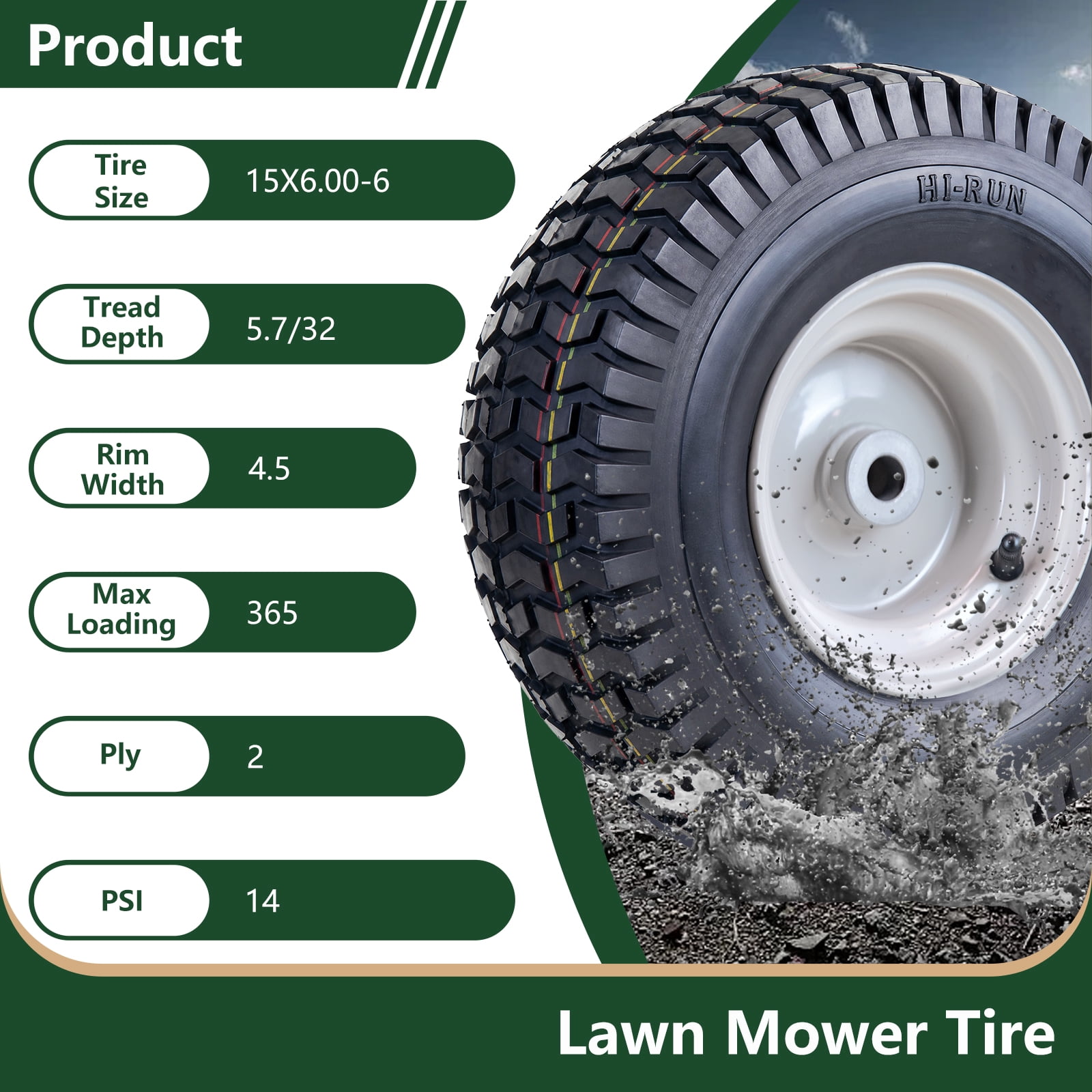 Hi-Run SU12 15X6.00-6 2PR Light Duty Lawn and Garden Tire & Wheel Assembly 3/4" Bushing