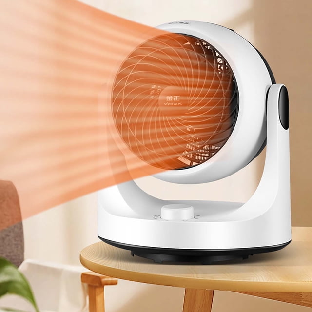 EARKITY Space Heater, a portable electric heater with a compact design, shown on a wooden table in a home setting. The heater features a white body with a circular front grill emitting warm air, demonstrating its PTC fast heating ceramic technology. A control knob is visible at the base for adjusting the three heating modes: natural wind, warm wind, and hot wind. Ideal for use in homes, bedrooms, offices, or garages.