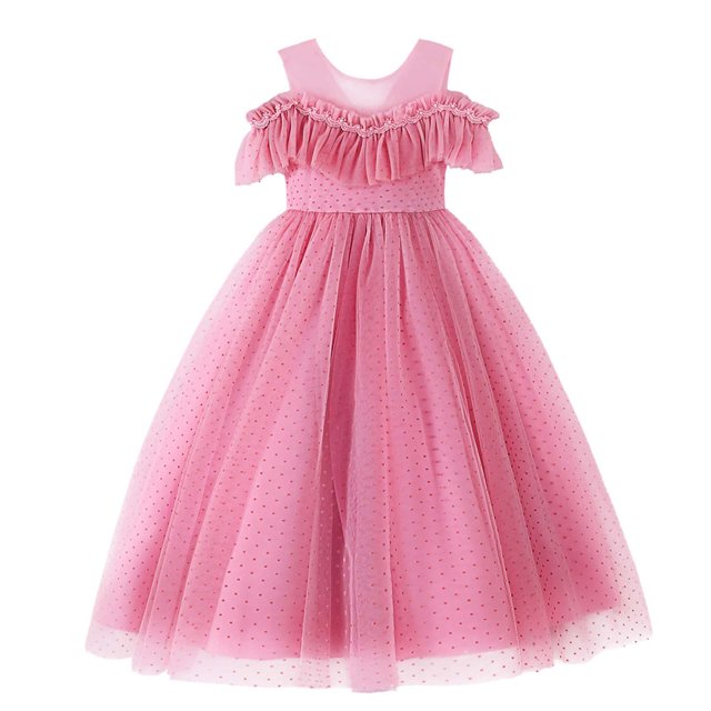 Robe de Princesse pour Filles Robe Sans Manches à une Épaule Robe de Princesse à Fleurs en Maille à Pois