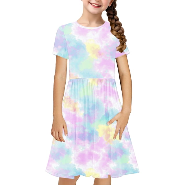 Robe Fille Été Patineuse Robe T-Shirt Teinture sur Nœuds Décontractée à Manches Courtes Robe Fluide pour Enfants 4-14 Ans