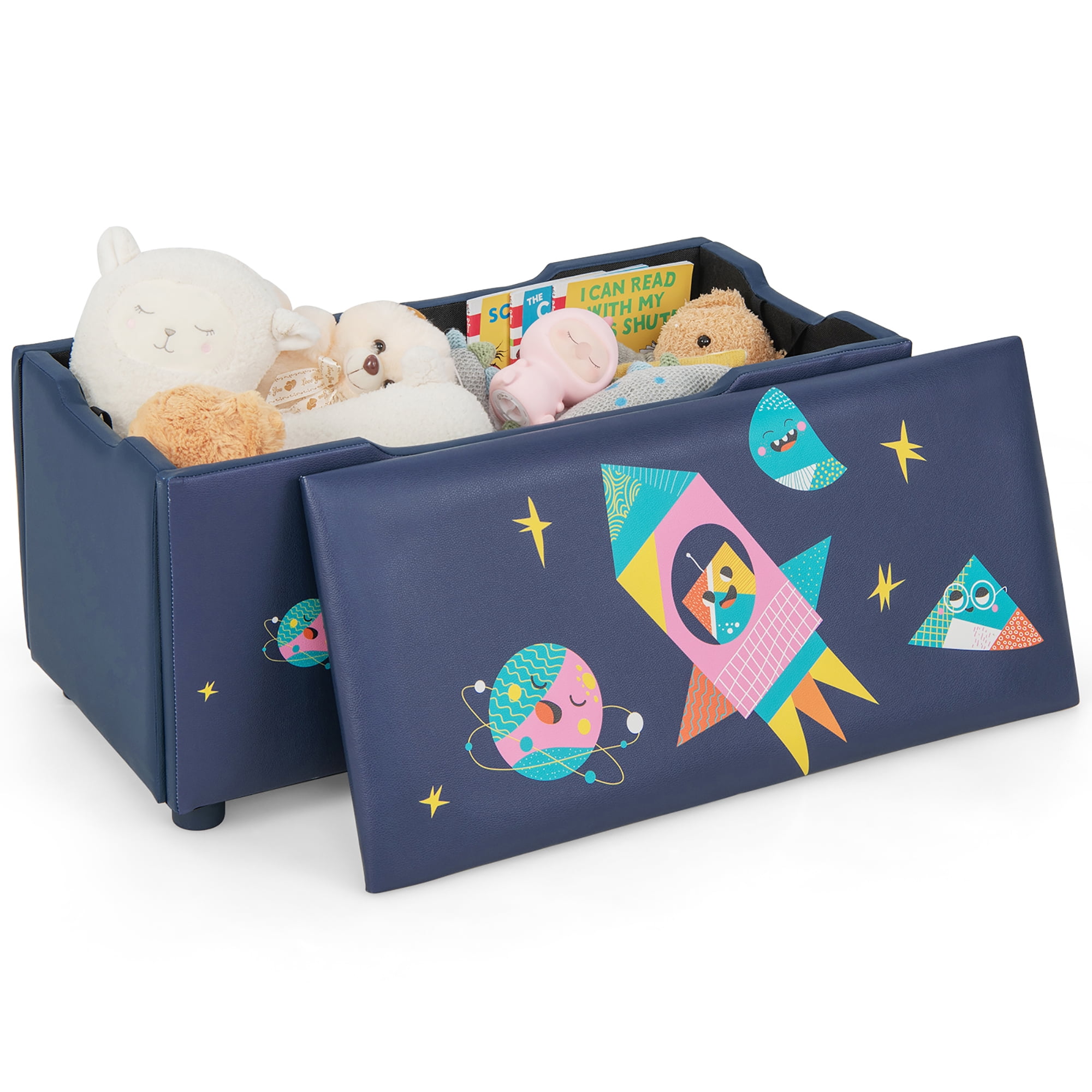 Costway Banc Ottoman de Rangement Rembourré pour Enfants Coffre à Jouets Polyvalent Repose-Pieds Tabouret avec Couvercle
