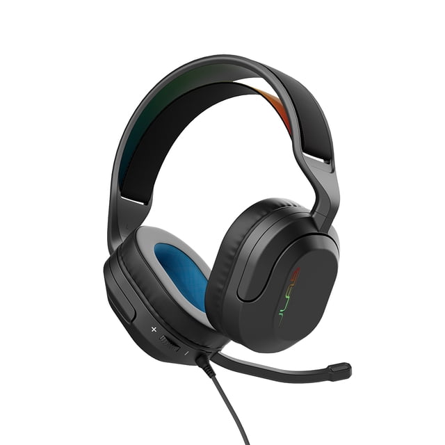 JLab Nightfall Casque de Jeu Filaire Noir avec Écouteurs Circum-Auriculaires en Mousse Nuage Dotés d'Un Maille Intérieure Bleue, d'Un Serre-Tête Rembourré Super Grand et Ajustable, et d'Un microphone à boom Rabattable pour Couper le Son sur l'Oreille Gauche, Filaire avec une Connexion de 3,5 mm compatible avec Nintendo Switch et Autres consoles de Jeu, Convient Aussi aux Expériences audio de Jeu Immersives.