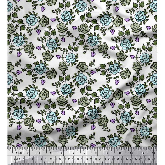 Soimoi Polyester Crepe Fabric Leaves & Floral Block Printed Craft Fabric by The Yard 52 Inch Wide