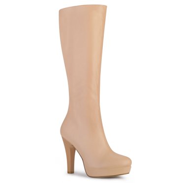 Unique Bargains Women's Chunky Heels Platform Over the Knee High Boot Nude (Size 9)