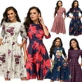 thumbnail image 2 of Robe d'Été Vintage pour Femme, Ligne A, Élégante, Imprimé Floral, Taille Haute, Manches Longues, Robe Soleil, Col Rond, Soirée, Grande Taille, 2 of 3