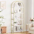 thumbnail image 1 of Arched Bookshelf 5-Tier – Tall Metal Frame Bookcase with Wood Shelves, Open Display Storage Rack for Bedroom, Living Room, Home Office – White/Gold or Black Options, 1 of 8