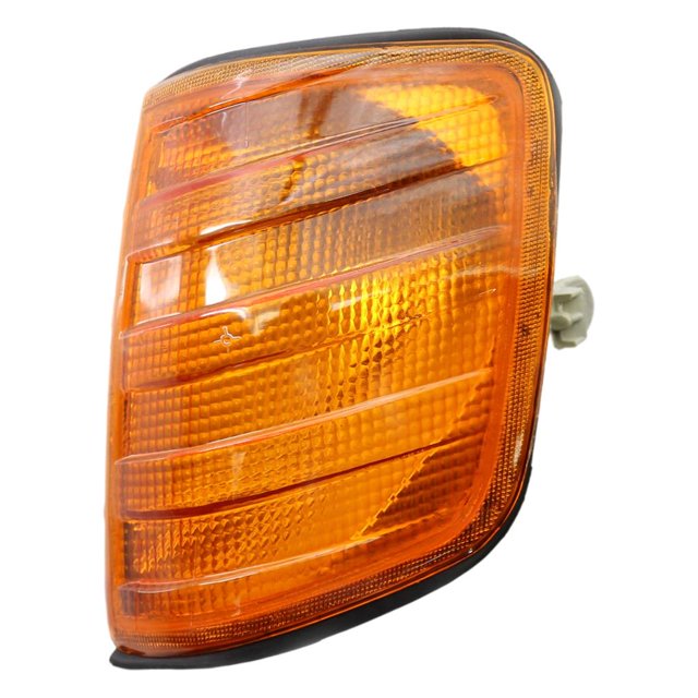 Amber parking lamp light for Mercedes W124, left side. Made of durable ABS material with an amber lens. Designed for front placement on vehicles, compatible with various Mercedes W124 models from 1985 to 1995, including sedans, coupes, and wagons. Features advanced manufacturing for high reliability and performance. Dimensions: 20x14x8 cm.