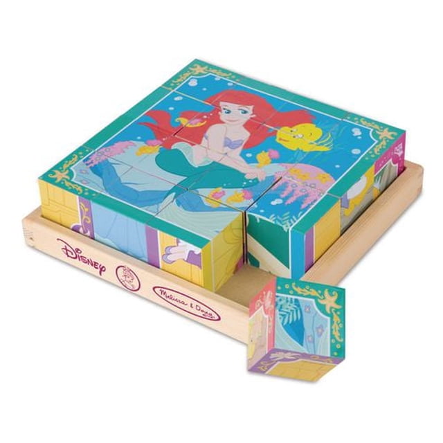 Melissa & Doug Disney Princess Wooden Cube Puzzle With Storage Tray - 6 Puzzles in 1 showing Ariel and Flounder on 16 rotating wooden cubes in a natural wood tray, designed to develop hand-eye coordination and problem-solving skills in children aged 3 and up, ideal for brain teaser puzzle play.
