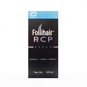 Follihair RCP Hair Growth Serum, 60ml, by Abbott, displayed in its black and blue packaging with product details highlighting key ingredients like Redensyl, Capixyl, and Procapil. The serum is designed to promote hair growth, reduce hair fall, and strengthen follicles.