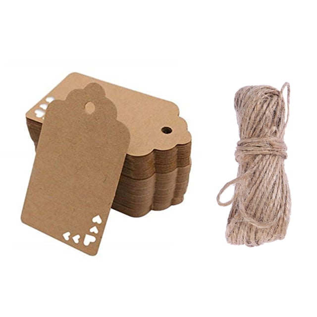 MasteelfCA 50PCS Wavy Shape Head Hollowed Out Love Heart Hollowed Pattern Kraft Paper Tag With 5 Meters Long Hemp Rope