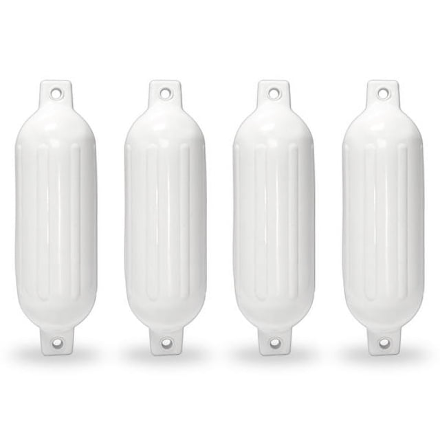NEH Twin Eye Ribbed Boat Pontoon Fender 6.5" x 23" set of 4 inflatable vinyl mooring bumpers in white. Features vertical ribs for extra protection, reinforced tube ends, and a non-abrasive surface. Suitable for boats 10-30 ft. Can be hung vertically or horizontally. Shipped deflated for space-saving.