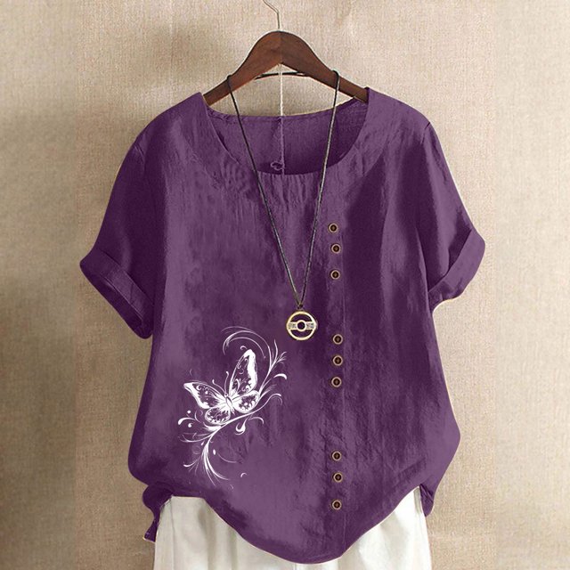 Jusqu'à 50 % de Rabais Horkkom Hauts Grande Taille pour Femmes Été Chemises Amples en Lin à Manches Courtes Col Rond Imprimé Floral Blouses Confortables