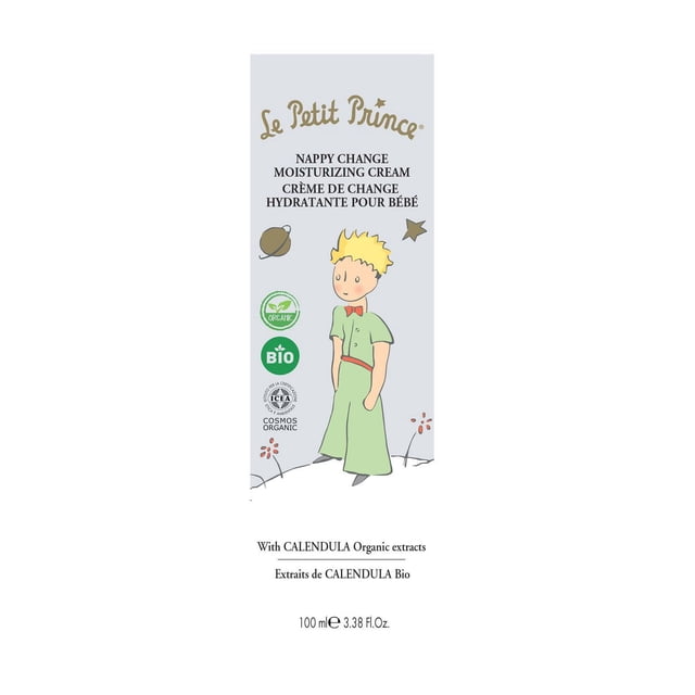 Le Petit Prince Nappy Change Cream 100 ml tube showing the Little Prince illustration on a light grey background with organic certification logos. This certified organic moisturizing cream with calendula extract prevents diaper rash and soothes sensitive baby skin during diaper changes.