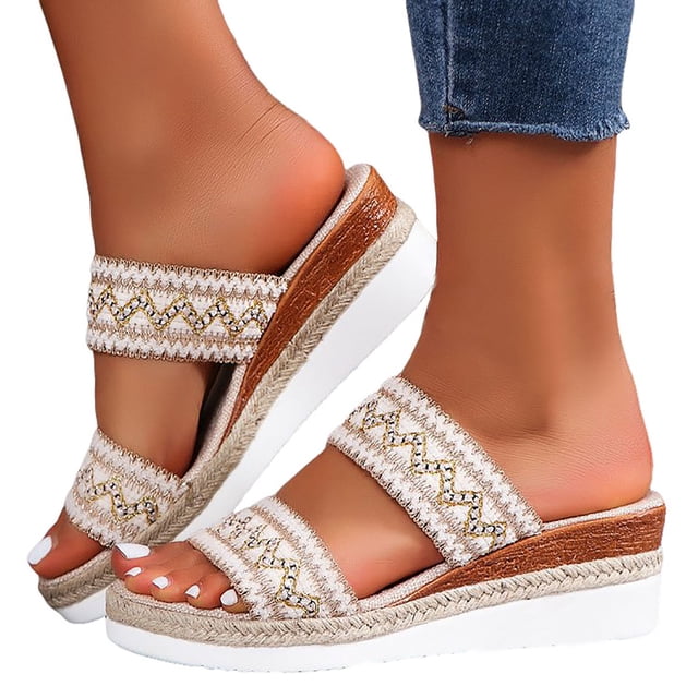 Sandales Boho pour Femmes de Vacances Espadrilles Ethniques à Plateforme Compensée Pantoufles de Robe Plage Décontractées à Enfiler Chaussures d'Été